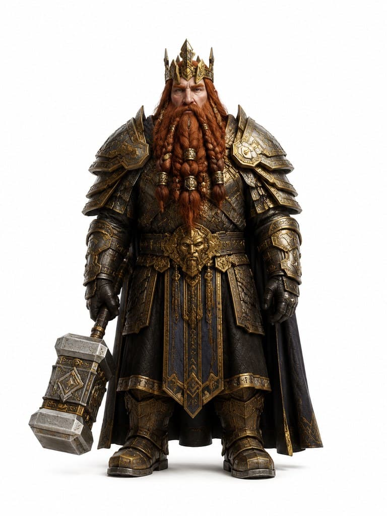 西方魔幻矮人王男性金冠重甲王座战锤全身定妆照