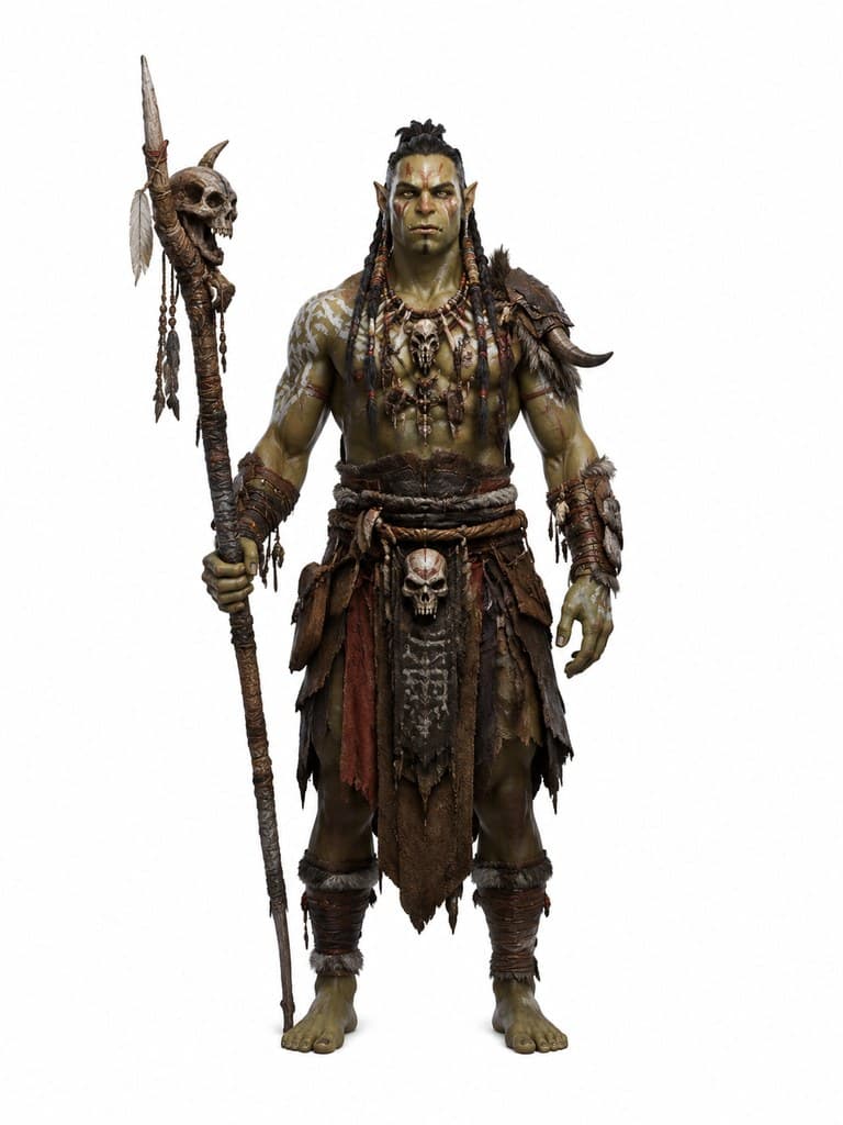西方魔幻兽人萨满男性绿皮骨杖图腾全身定妆照