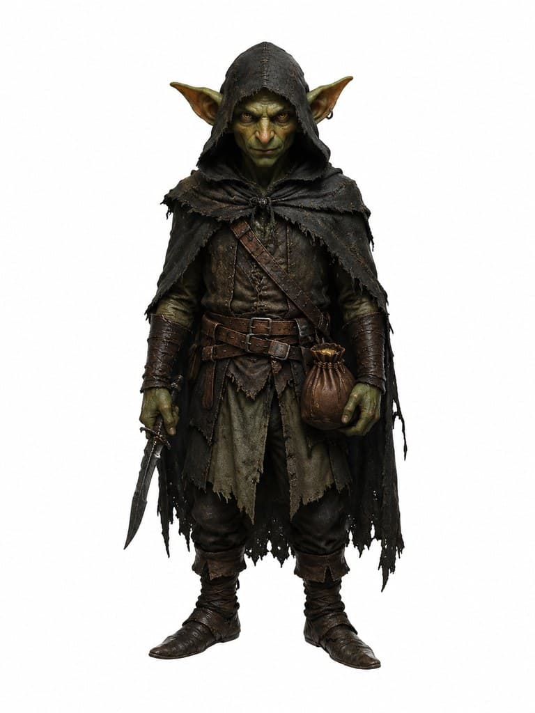 西方魔幻地精盗贼男性矮小尖耳绿皮匕首钱袋全身定妆照