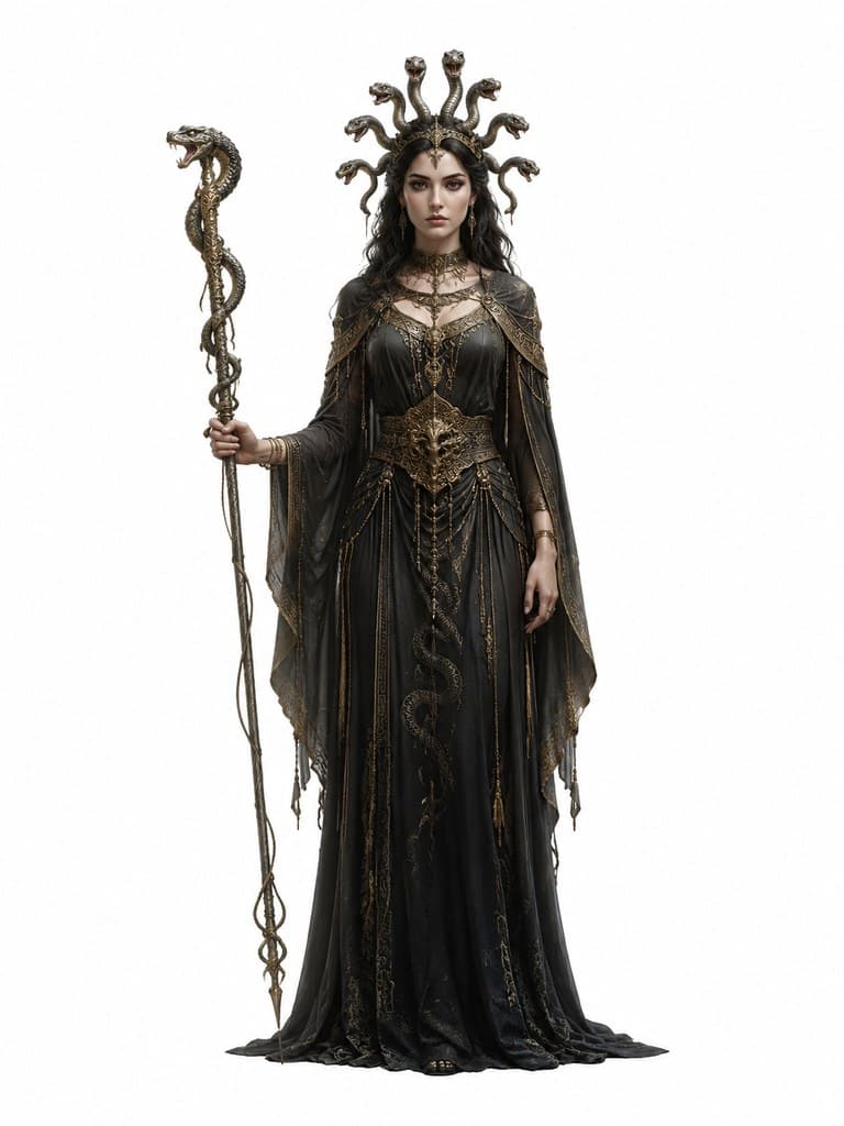 西方魔幻九头蛇祭司女性黑袍蛇冠法杖全身定妆照