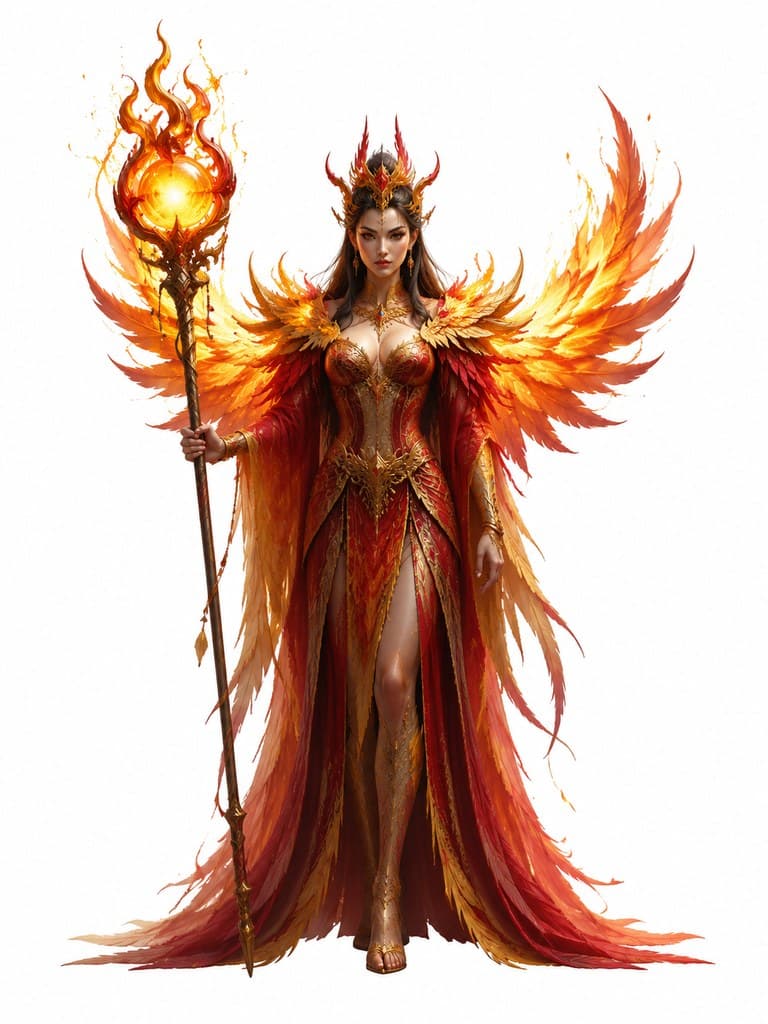 西方魔幻凤凰守护者女性金红羽衣火焰翼法杖全身定妆照