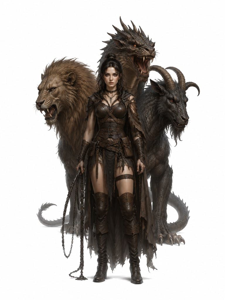 西方魔幻奇美拉驯养师女性兽皮甲三首链鞭全身定妆照