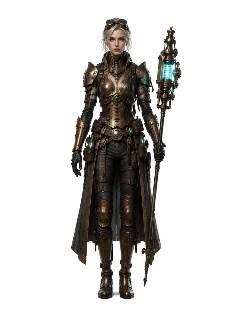 西方魔幻机械术士女性铜甲齿轮杖能量炮全身定妆照