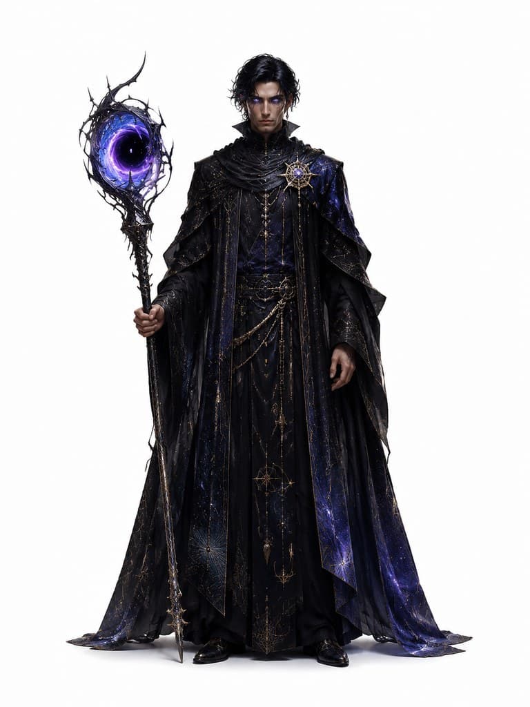 西方魔幻虚空行者男性黑袍星辰眼传送门杖全身定妆照