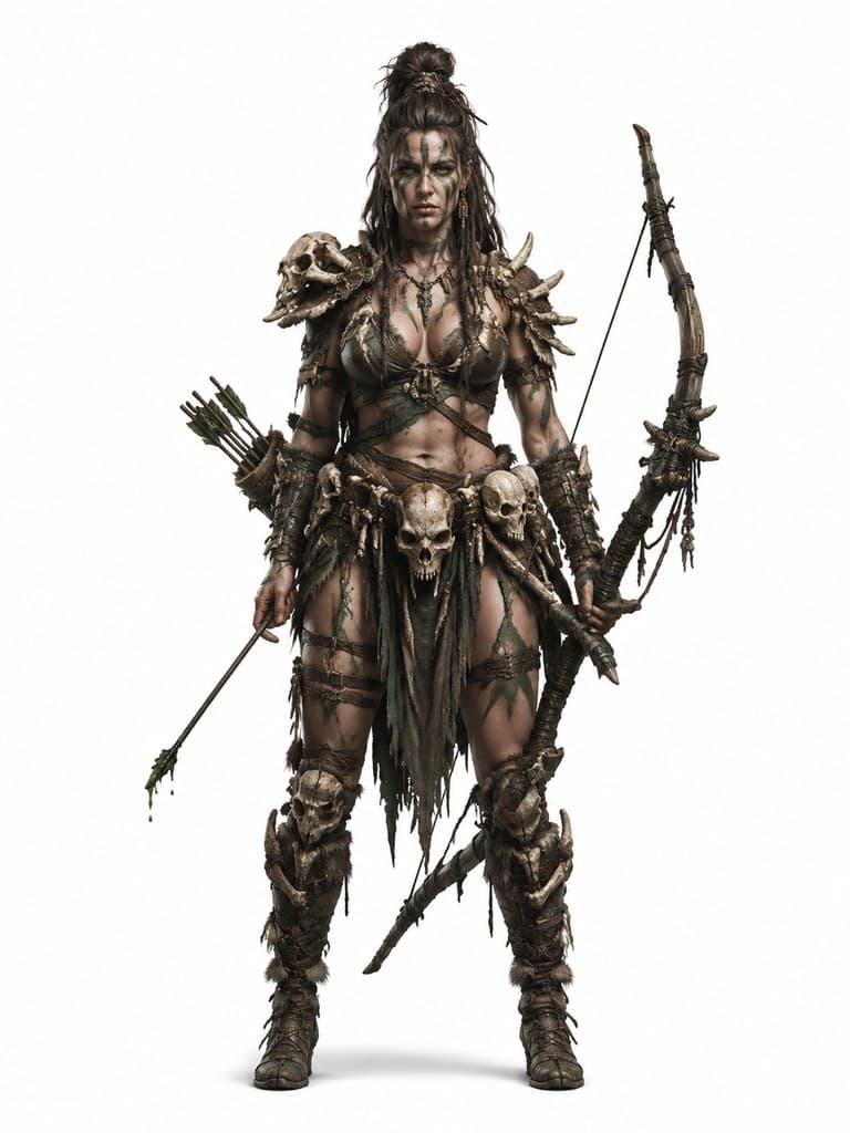 西方魔幻巨魔猎手女性骨甲巨弓毒箭全身定妆照