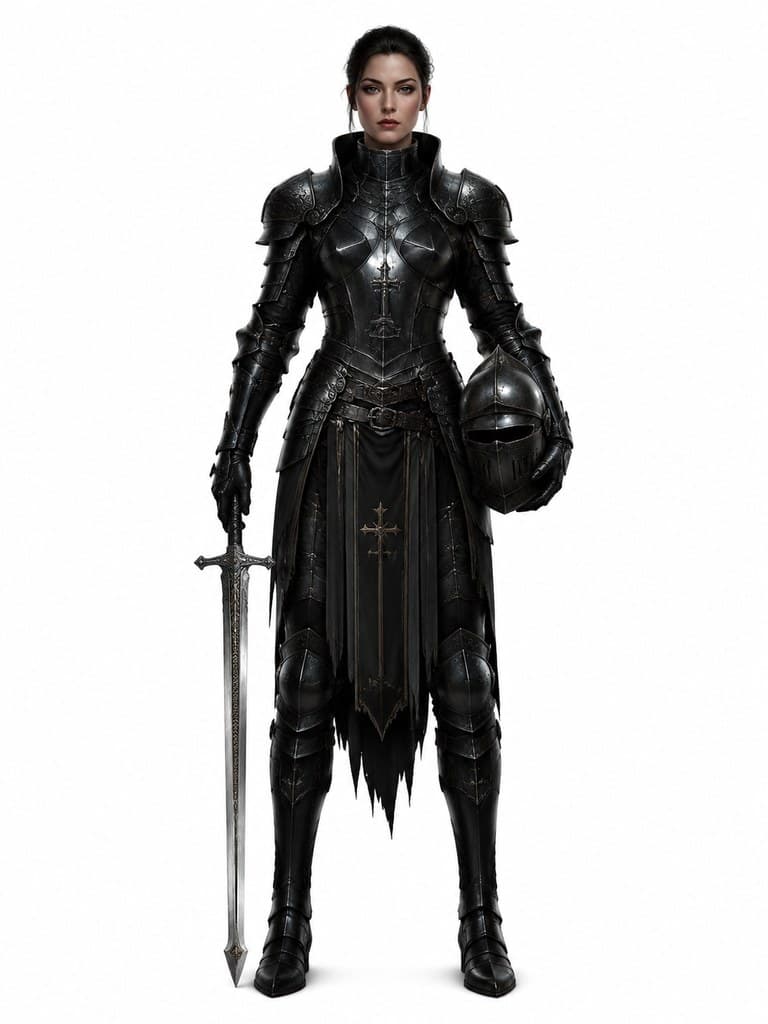 西方魔幻审判骑士女性黑甲银剑审判徽章全身定妆照