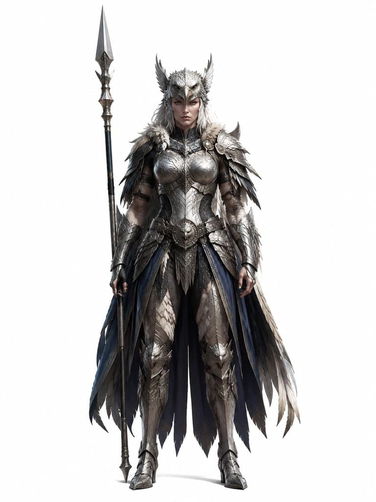 西方魔幻狮鹫兽骑士女性鹰面银甲持长矛全身定妆照