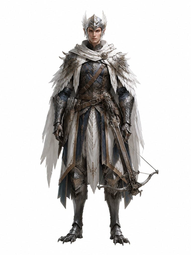 西方魔幻鸟人哨兵男性白羽银盔持弩全身定妆照