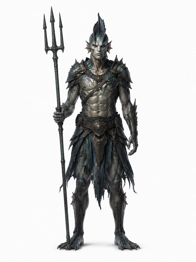 西方魔幻鱼人战士男性鳞甲鱼头三叉戟全身定妆照