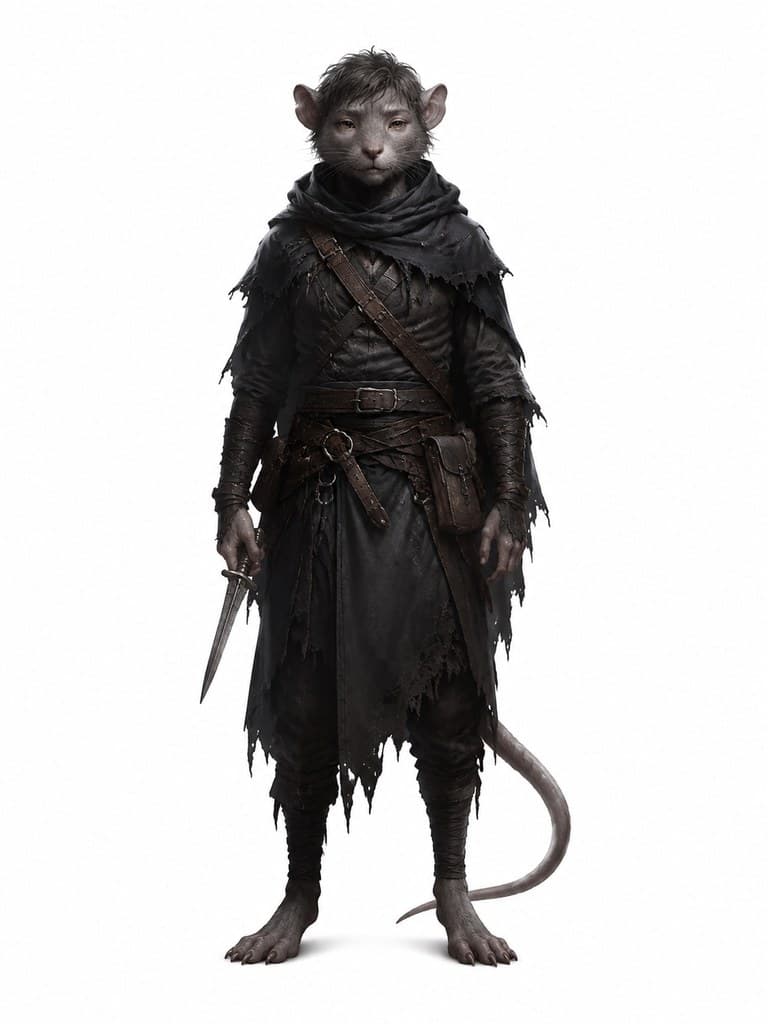 西方魔幻鼠人盗贼男性灰毛长尾匕首全身定妆照