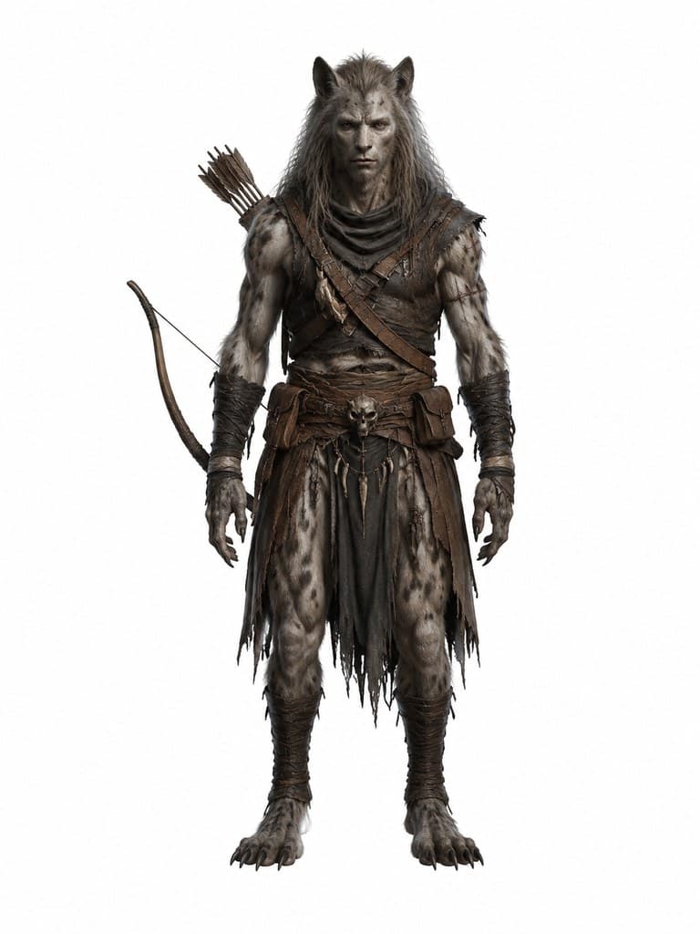 西方魔幻豺狼人猎手男性鬣毛爪牙弓矢全身定妆照