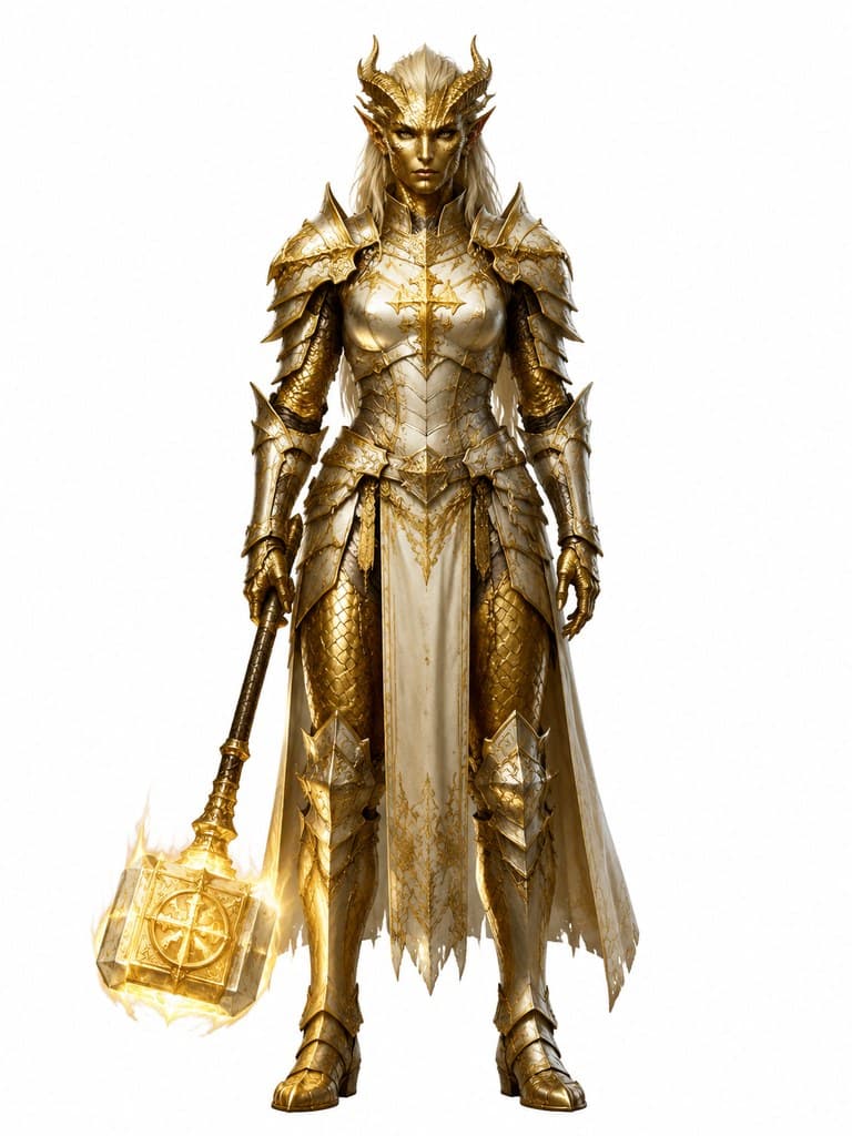 西方魔幻龙裔圣骑士女性金鳞甲圣光锤全身定妆照