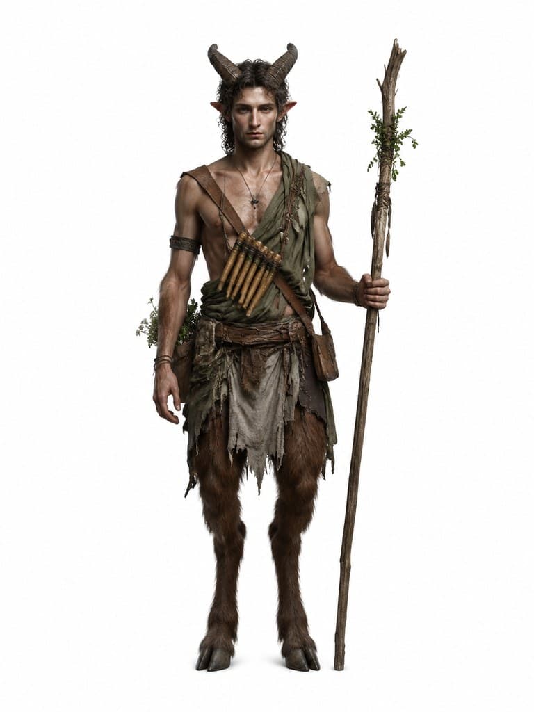 西方魔幻半羊人牧神男性羊蹄角笛全身定妆照