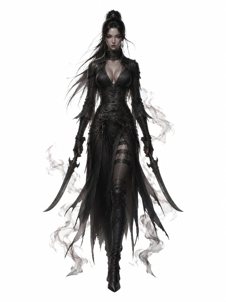 西方魔幻魅影刺客女性黑烟形态双刃全身定妆照