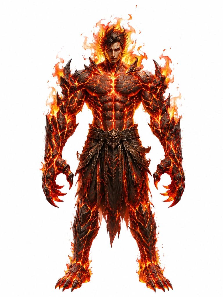 西方魔幻烈焰元素大师男性熔岩形态巨爪全身定妆照