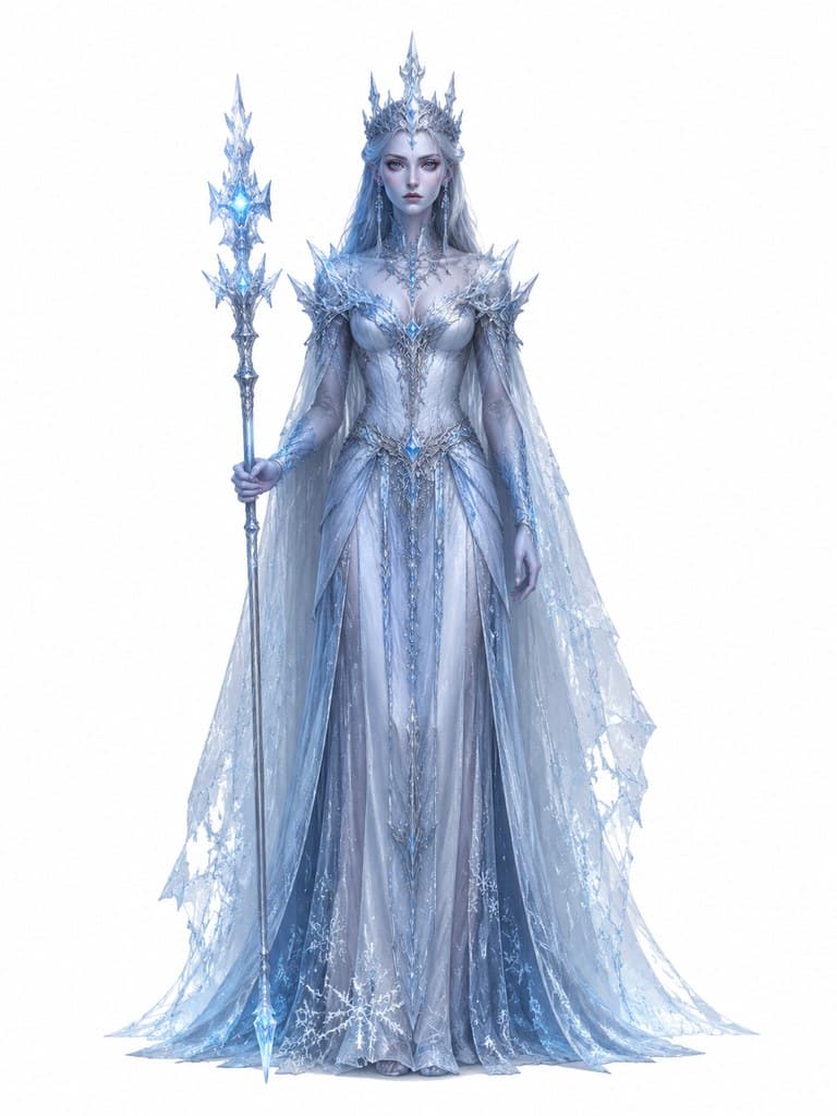 西方魔幻冰霜女巫女性冰晶长袍法杖全身定妆照