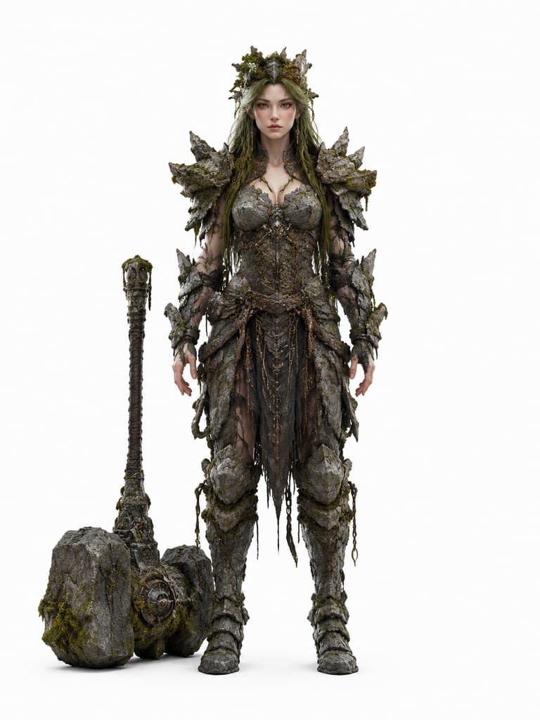 西方魔幻大地德鲁伊女性岩石甲巨锤全身定妆照