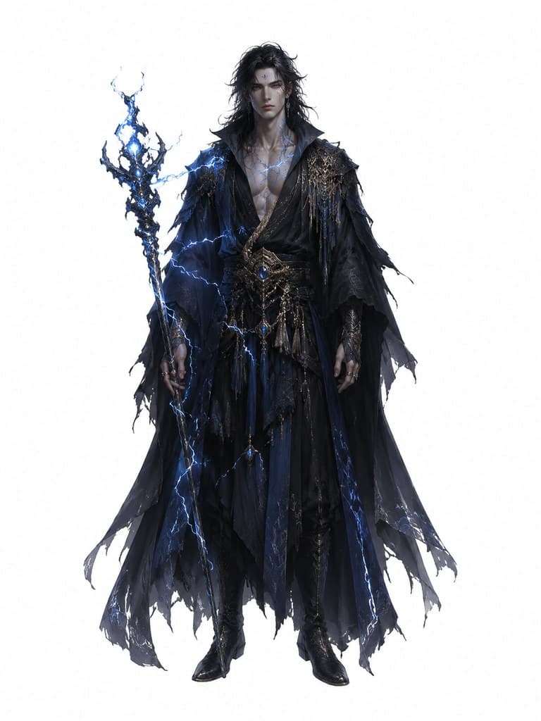 西方魔幻风暴术士男性雷电纹身法杖电光全身定妆照