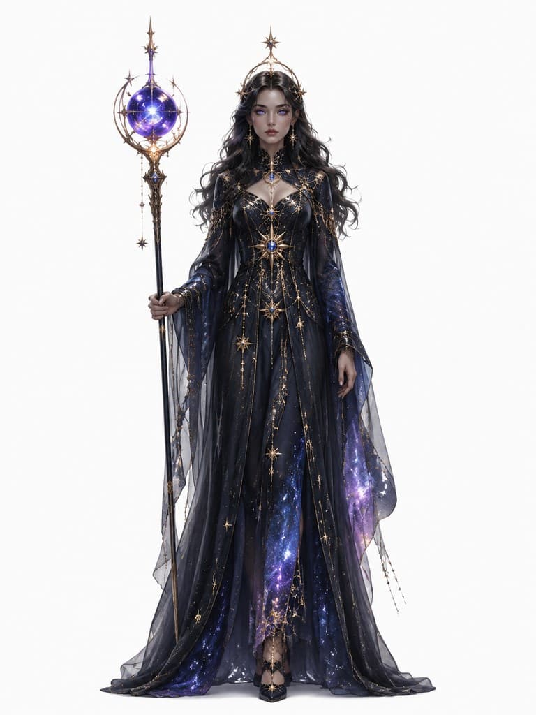 西方魔幻星光使者女性星袍银河杖全身定妆照