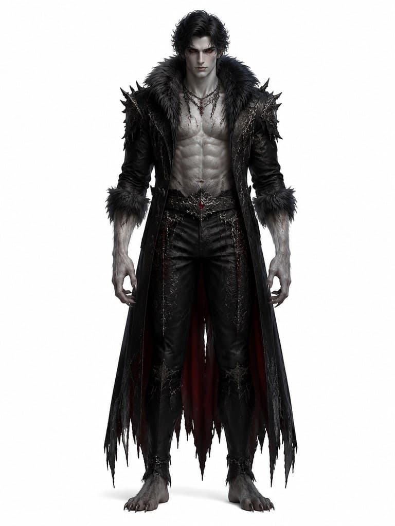 西方魔幻血族狼人混血男性苍白毛皮赤瞳全身定妆照