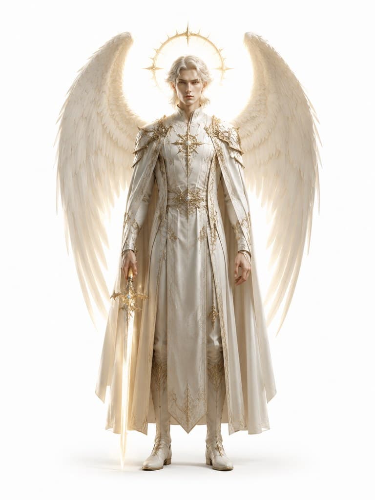 西方魔幻神裔天使男性白金羽翼圣剑全身定妆照