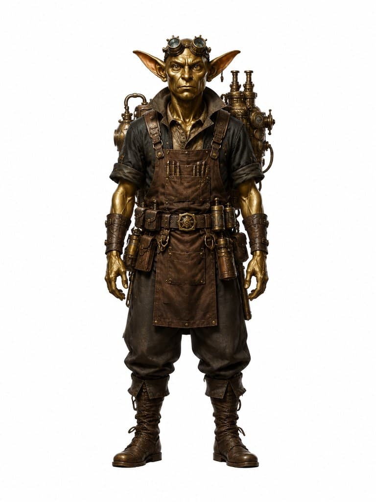 西方魔幻机械哥布林驾驶员男性铜皮齿轮护目镜全身定妆照