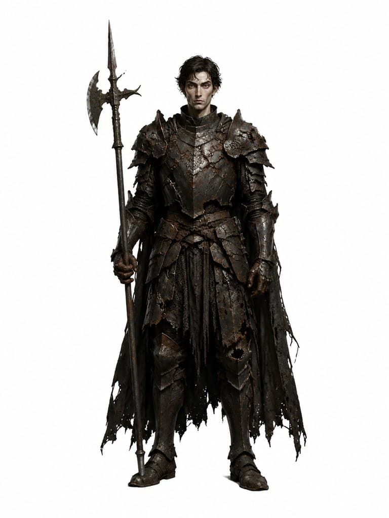 西方魔幻锈蚀骑士男性破损黑甲锈迹斑斑长戟全身定妆照