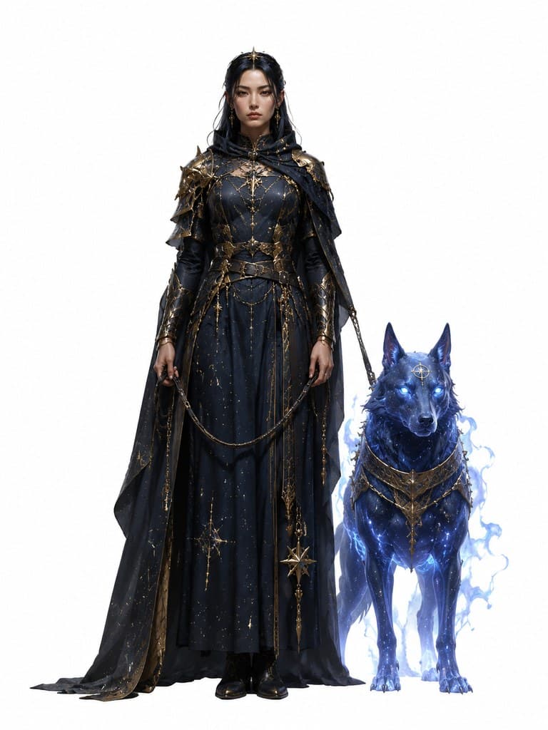 西方魔幻星界猎犬骑手女性星袍缰绳星犬全身定妆照