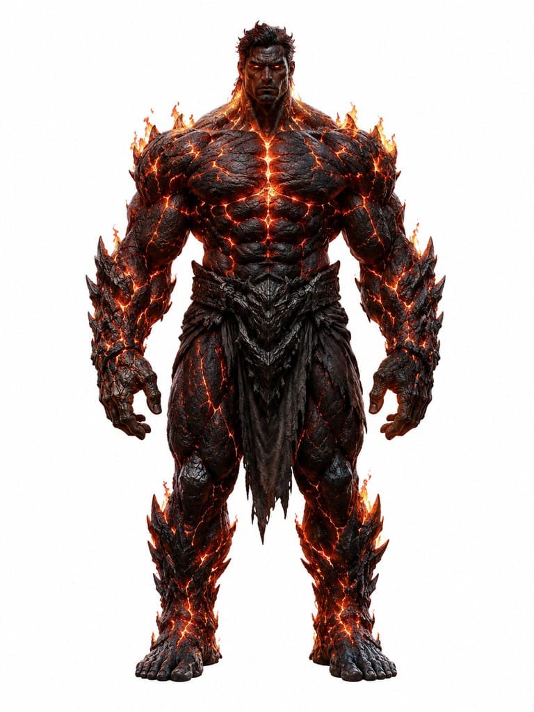 西方魔幻熔岩巨人男性黑曜石体火焰纹全身定妆照
