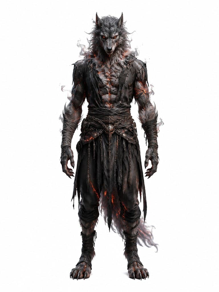 西方魔幻灰烬狼人男性灰烬皮毛燃烧余烬全身定妆照