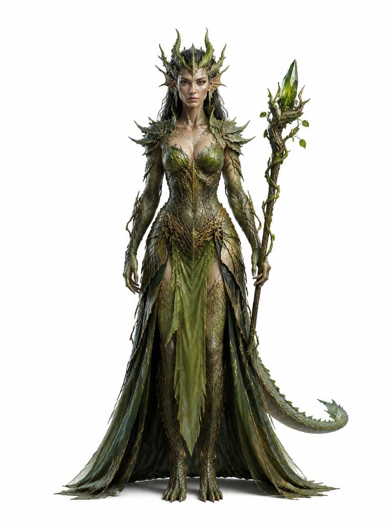 西方魔幻翡翠龙人女性绿鳞藤甲法杖全身定妆照