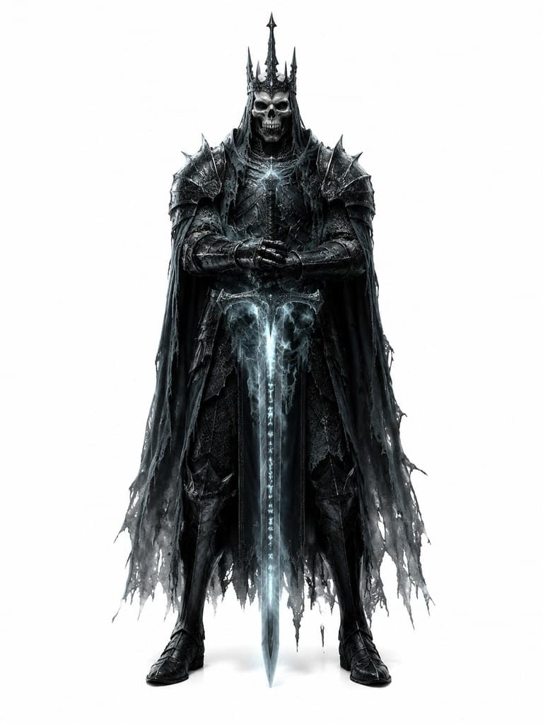 西方魔幻腐朽骑士团长男性枯骨黑甲怨灵剑全身定妆照