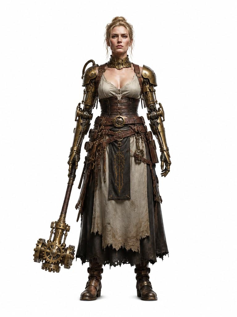 西方魔幻机械魔像锻造者女性铜臂齿轮锤全身定妆照