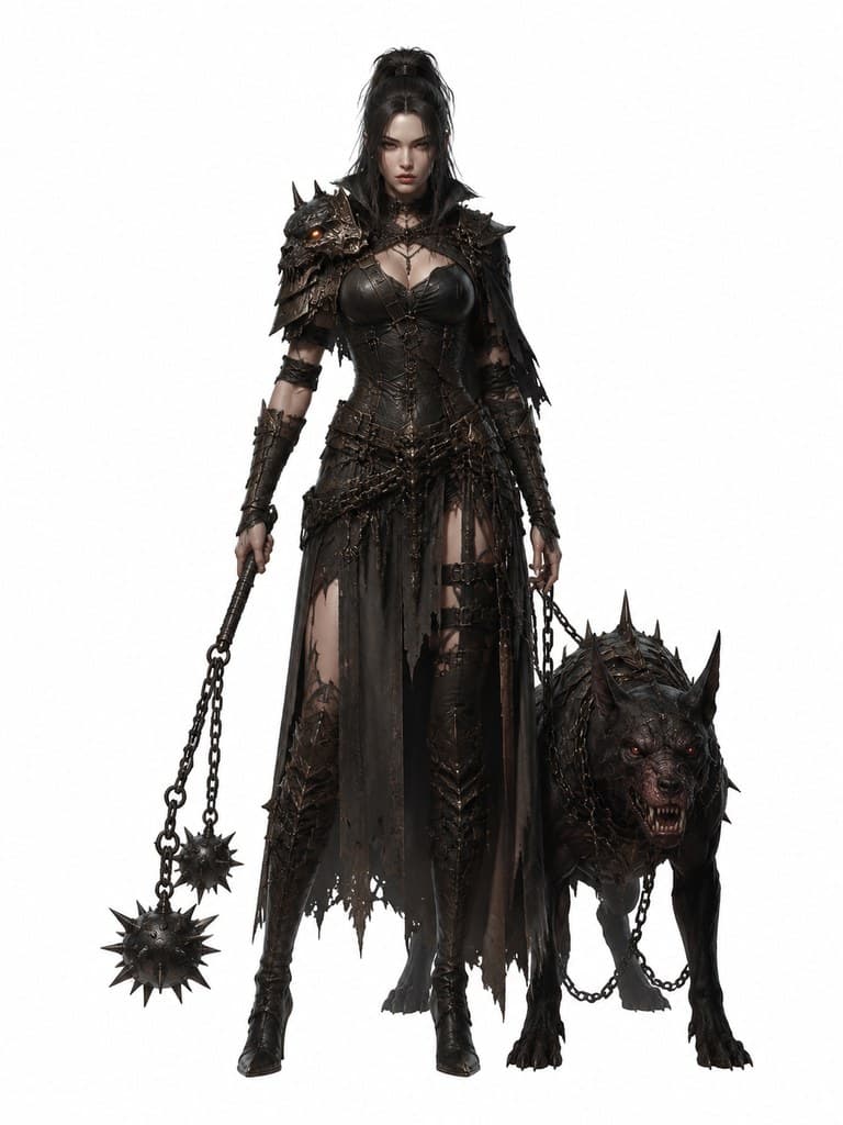 西方魔幻深渊恶魔猎犬骑手女性皮甲猎犬链锤全身定妆照