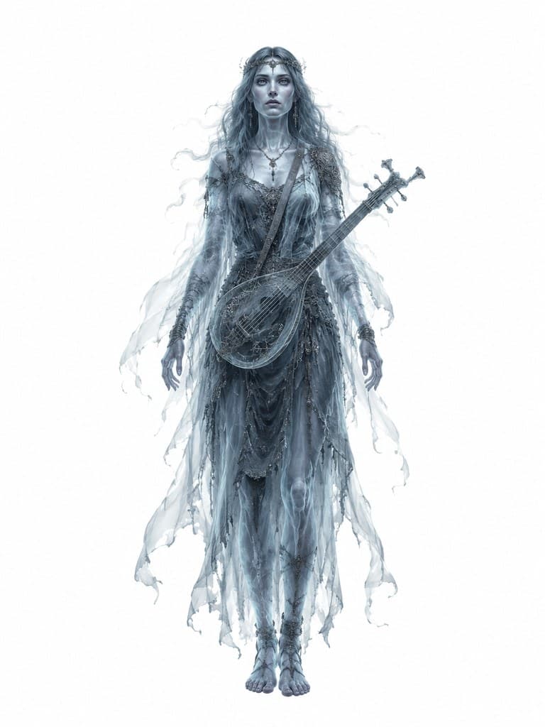 西方魔幻灵体诗人女性半透明琴灵歌全身定妆照
