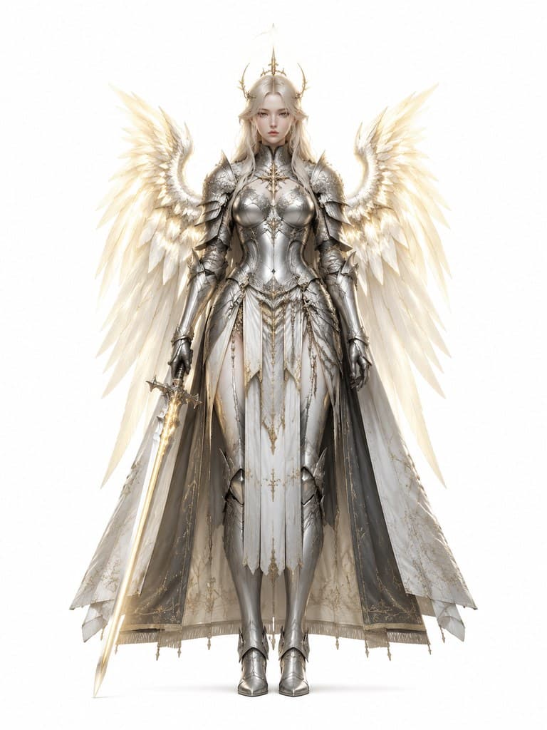西方魔幻圣光骑士团团长女性银甲光翼圣剑全身定妆照