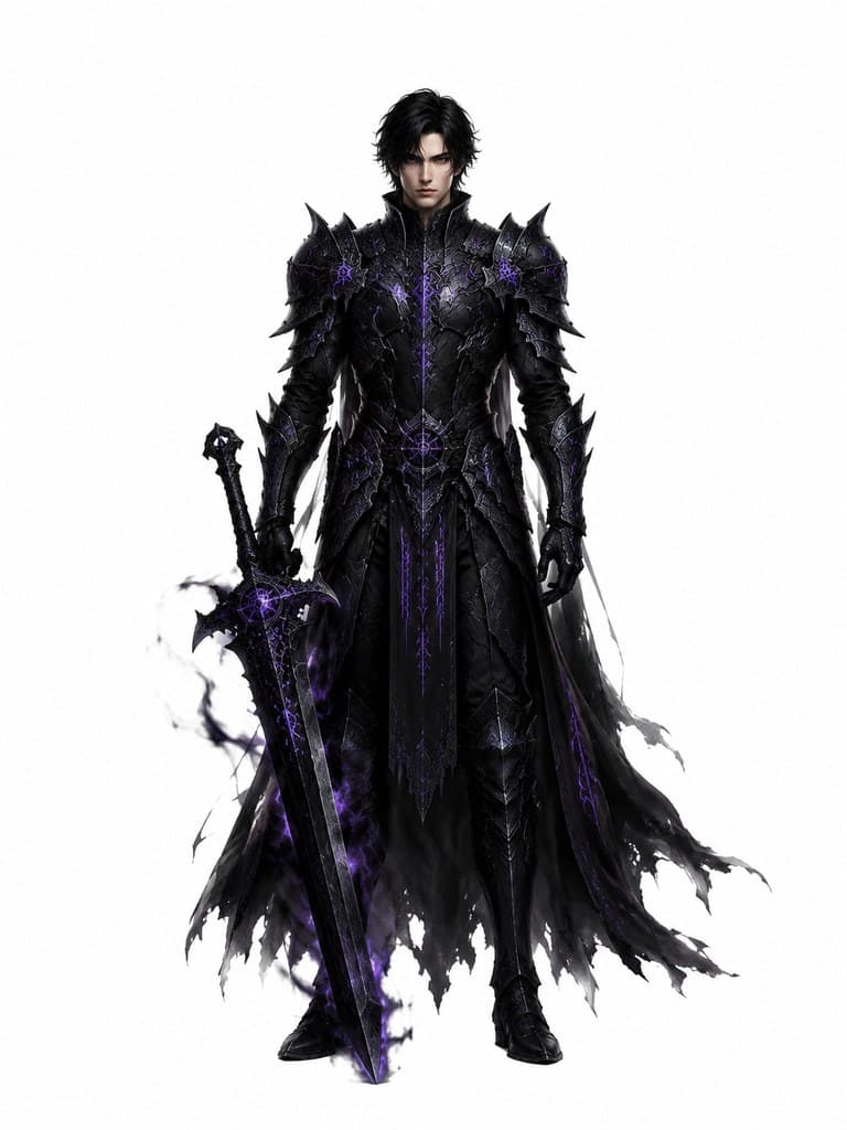 西方魔幻黑暗圣堂武士男性黑甲暗紫纹巨剑全身定妆照