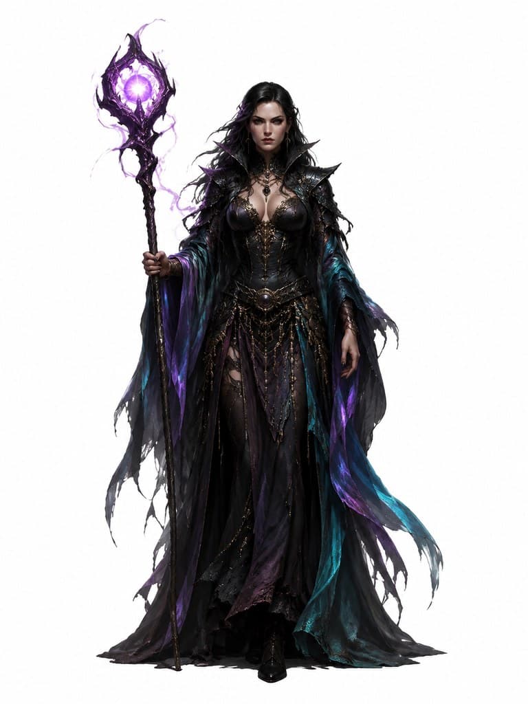 西方魔幻混沌术士女性混沌色袍扭曲法杖全身定妆照