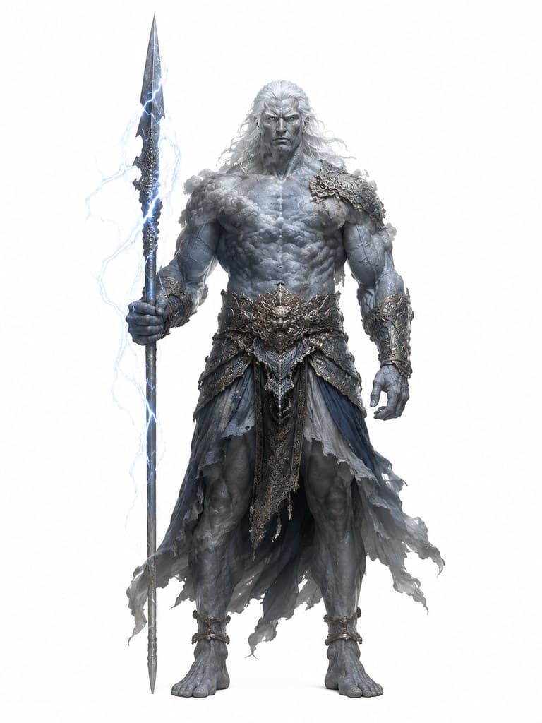 西方魔幻风暴巨人男性云纹皮肤闪电标枪全身定妆照