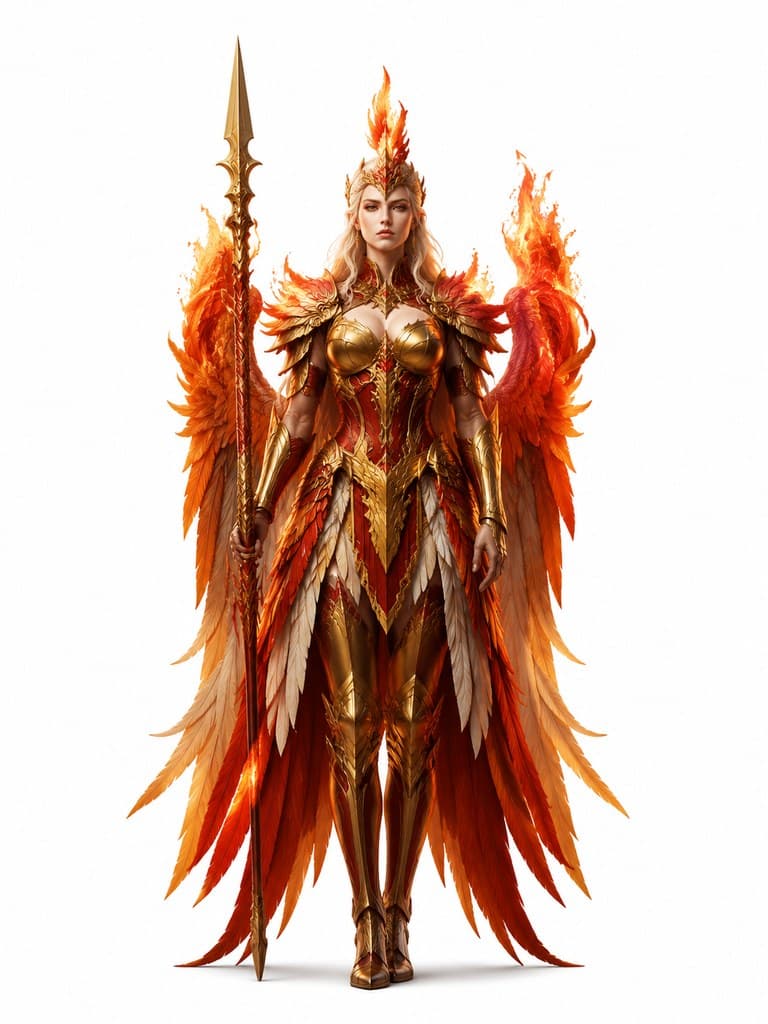 西方魔幻火焰凤凰骑士女性金红羽甲火翼枪全身定妆照