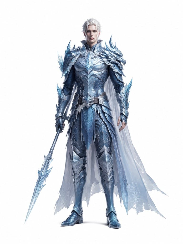 西方魔幻冰霜巨龙骑士男性冰甲龙鞍冰枪全身定妆照