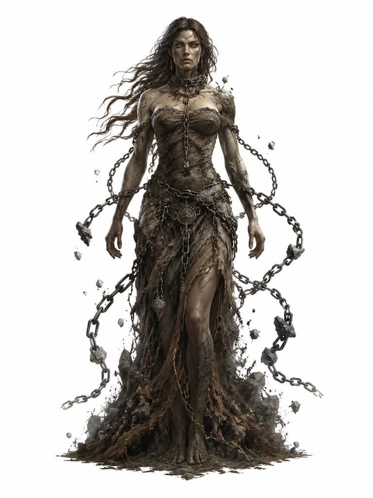 西方魔幻地缚灵女性半身土褐色锁链全身定妆照