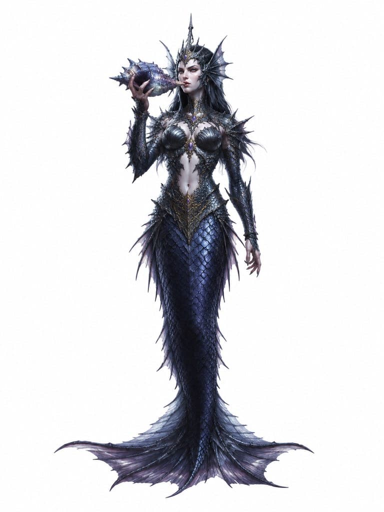 西方魔幻深海海妖女性鱼尾鳞甲海螺号全身定妆照