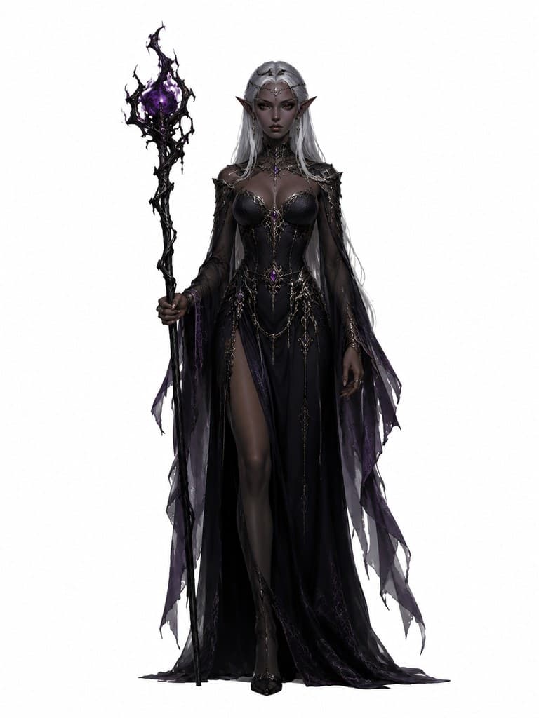 西方魔幻暗黑精灵女术士女性黑肤银发暗影杖全身定妆照
