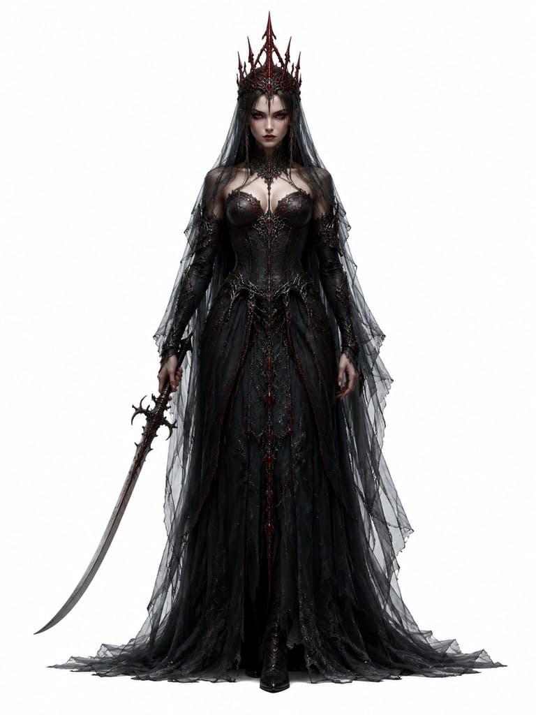 西方魔幻永夜女王女性黑纱暗红冠月光刃全身定妆照