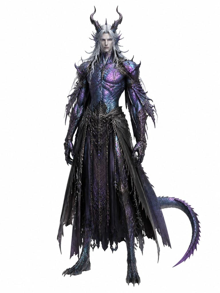西方魔幻混沌龙人男性混沌色鳞扭曲角全身定妆照