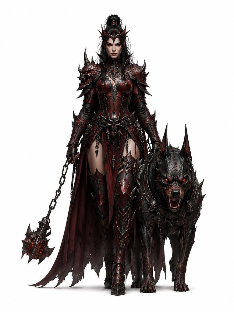 西方魔幻深渊恶魔猎犬骑手女性暗红甲锁链锤犬全身定妆照