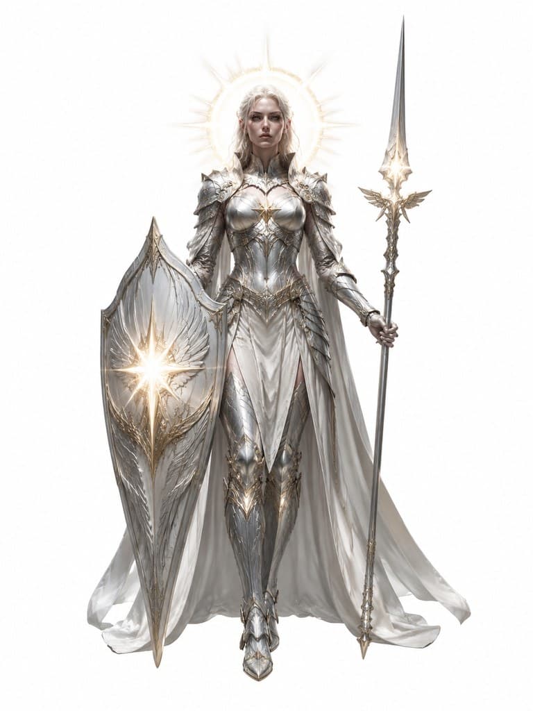 西方魔幻圣光守卫者女性银甲光盾圣枪全身定妆照