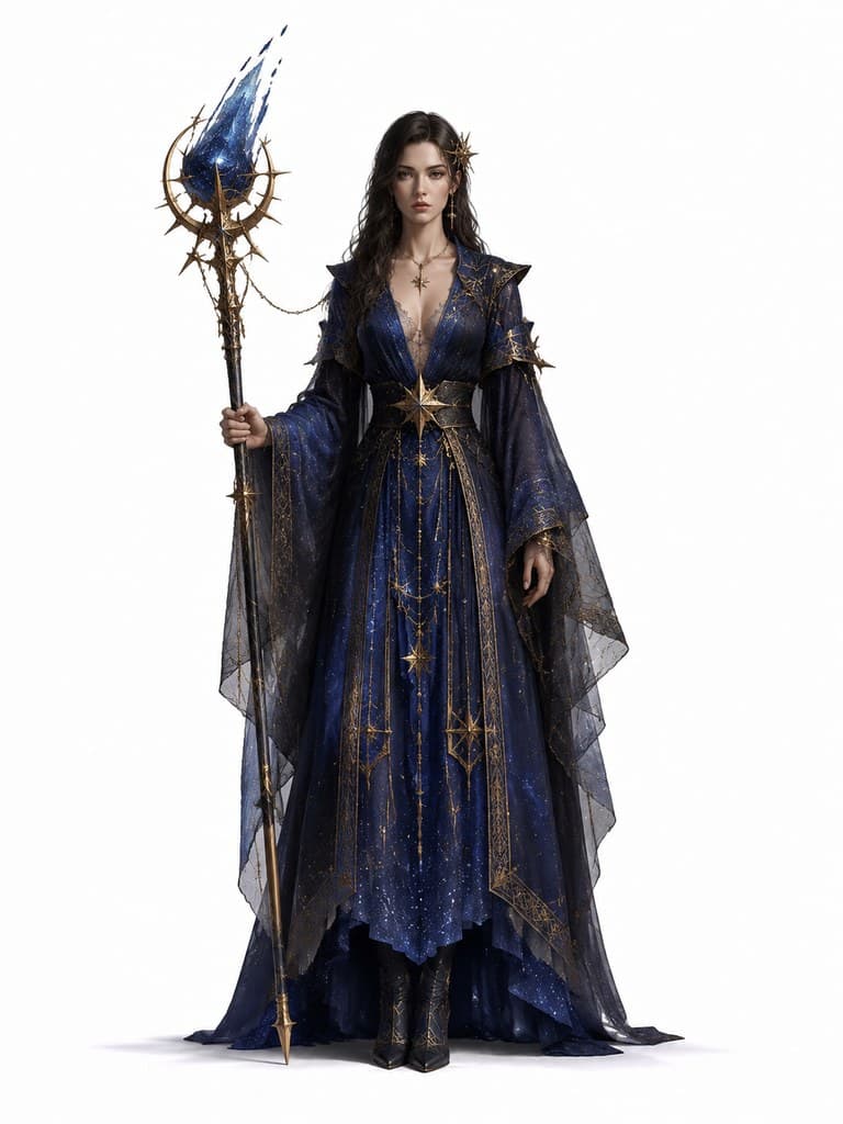 西方魔幻繁星法师女性星袍流星杖全身定妆照