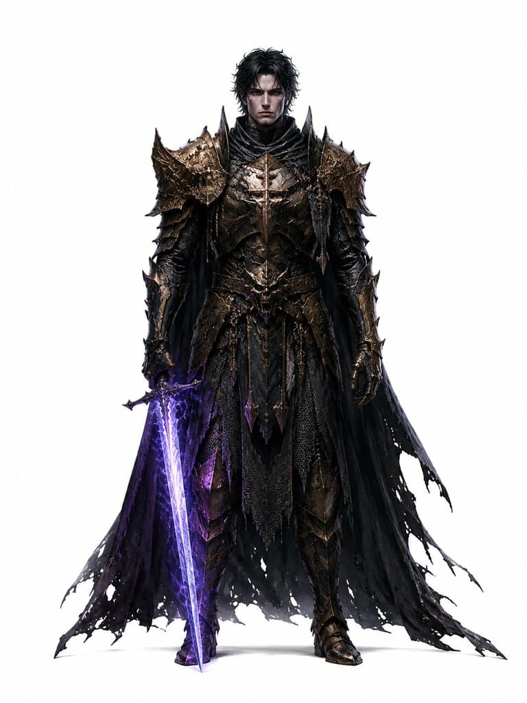西方魔幻腐朽圣骑士男性破损金甲黑光剑全身定妆照